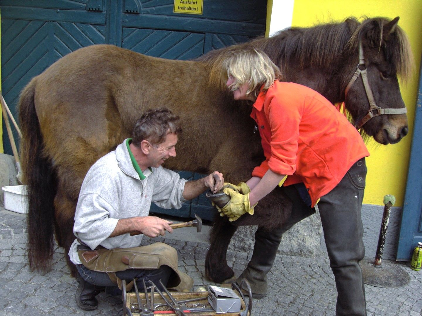 A farrier and a woman are working on a horse's hooves in front of a blue door.