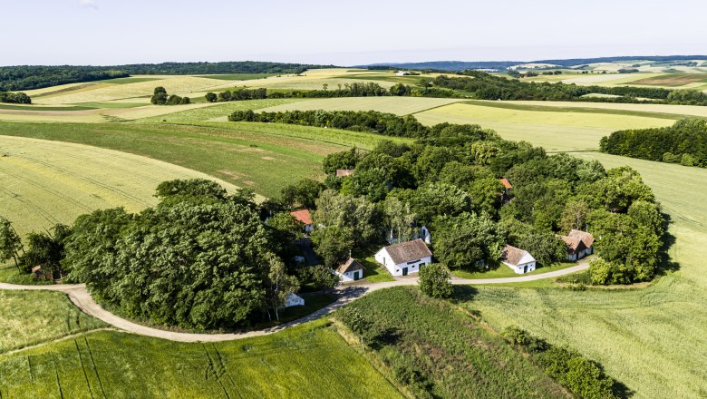 Aerial view of a rural landscape with fields and small houses.