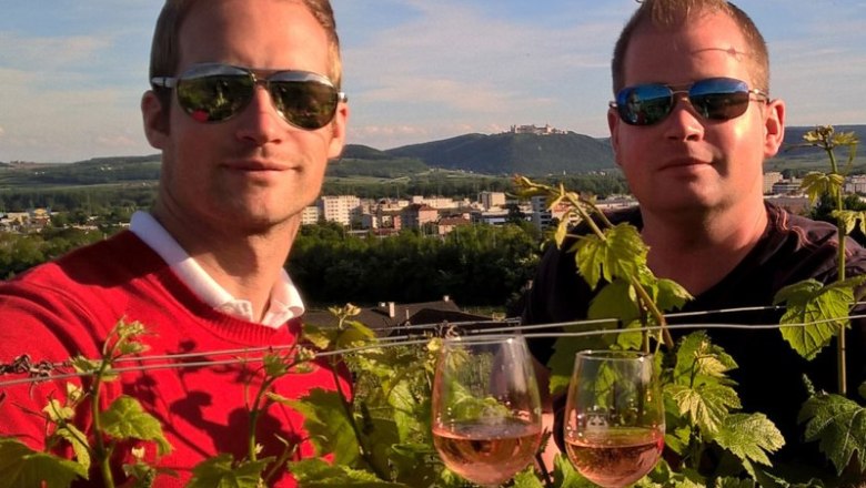 Two men in sunglasses clink glasses in a vineyard.