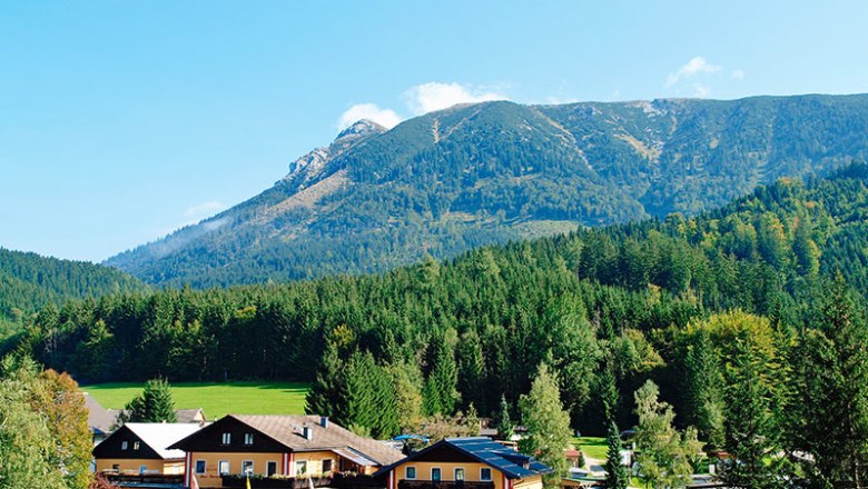 View of a camping site with buildings in front of a wooded mountain massif.
