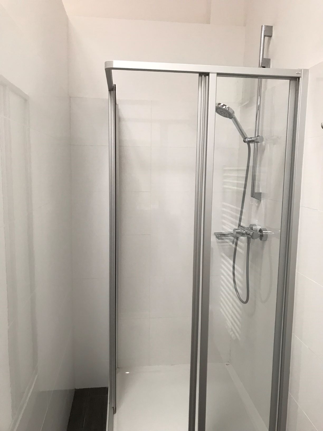 Modern shower cubicle with glass walls and hand shower in a white bathroom.
