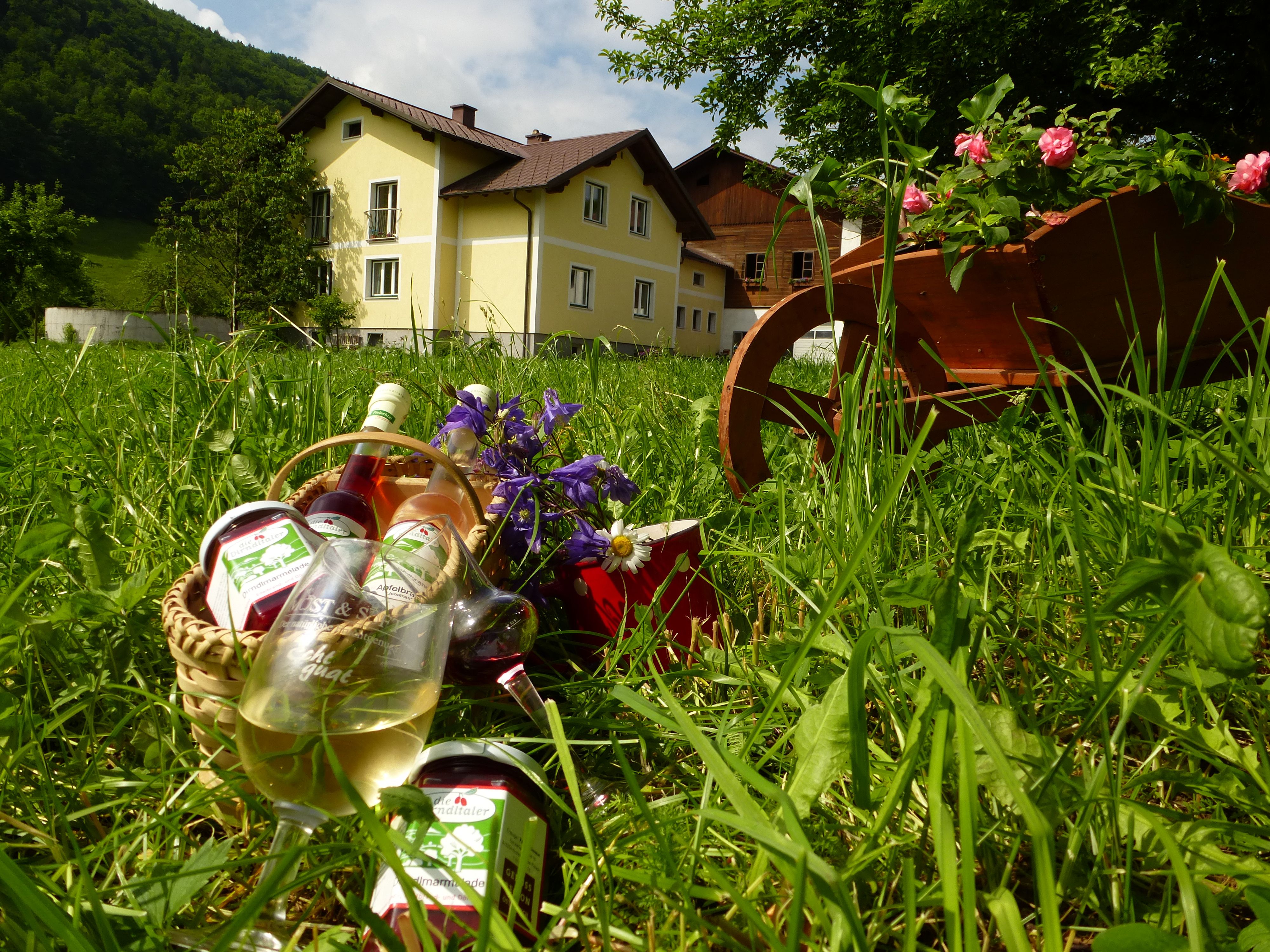 A yellow farmhouse in the background, in the foreground a basket with glasses and bottles on a meadow.