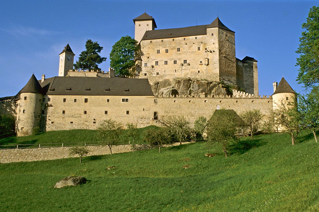 Rappottenstein Castle on a hill with a green meadow in the foreground.