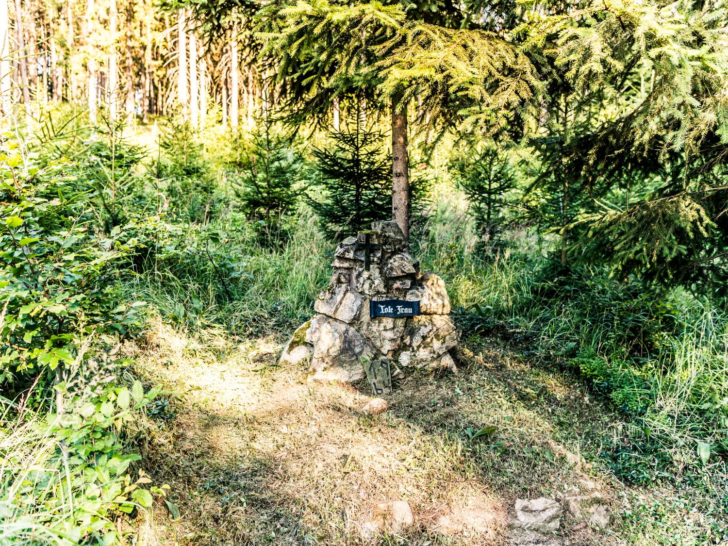 A memorial stone with the inscription 'Dead Woman' stands in a forest, surrounded by trees and grass.