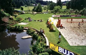 Green meadow with swimming pond, volleyball court and people relaxing and playing.