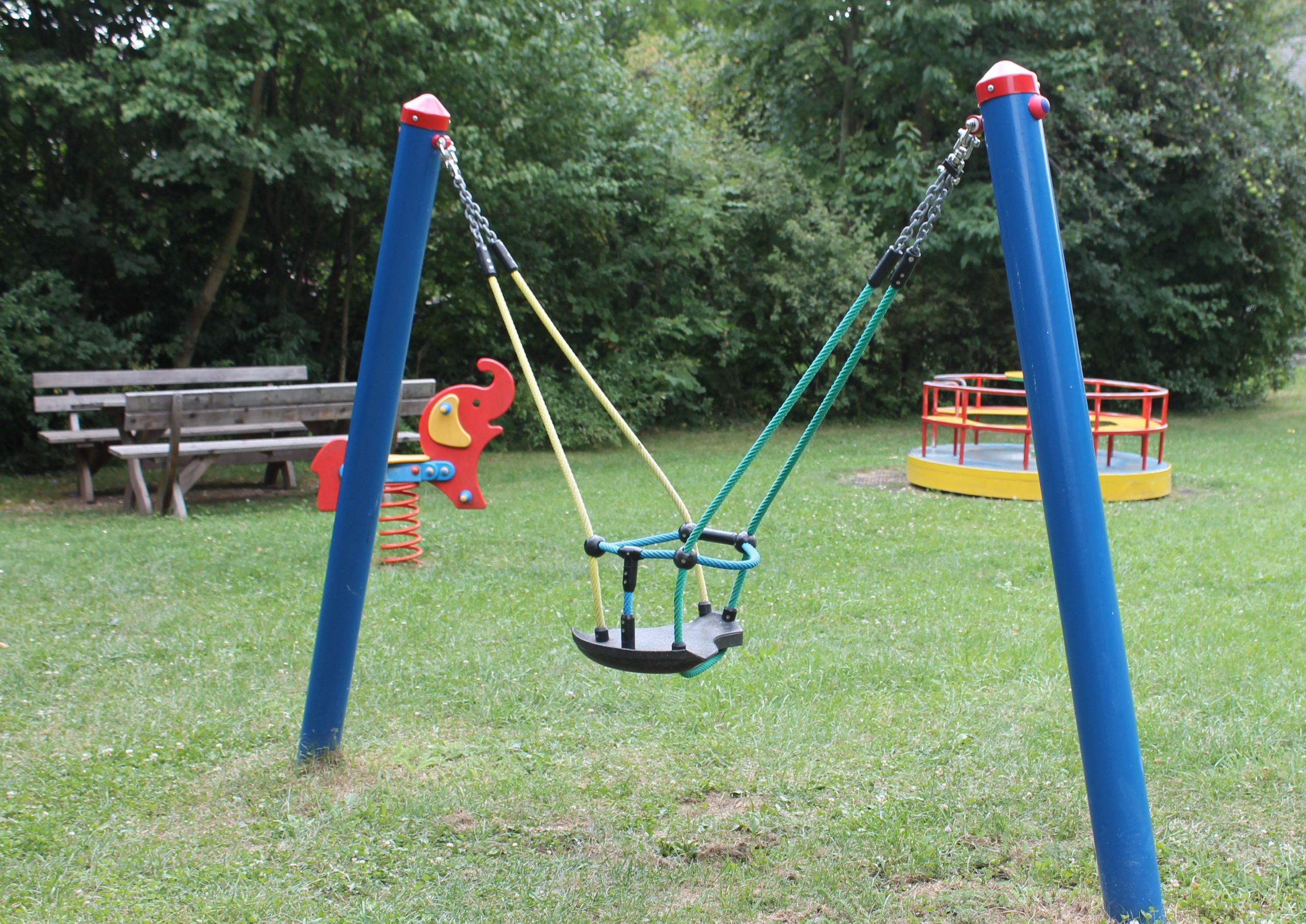 Playground with swings, seesaw and carousel on a meadow.