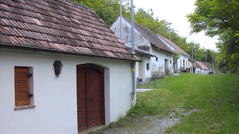 Row of wine cellars in a green setting in Absdorf.