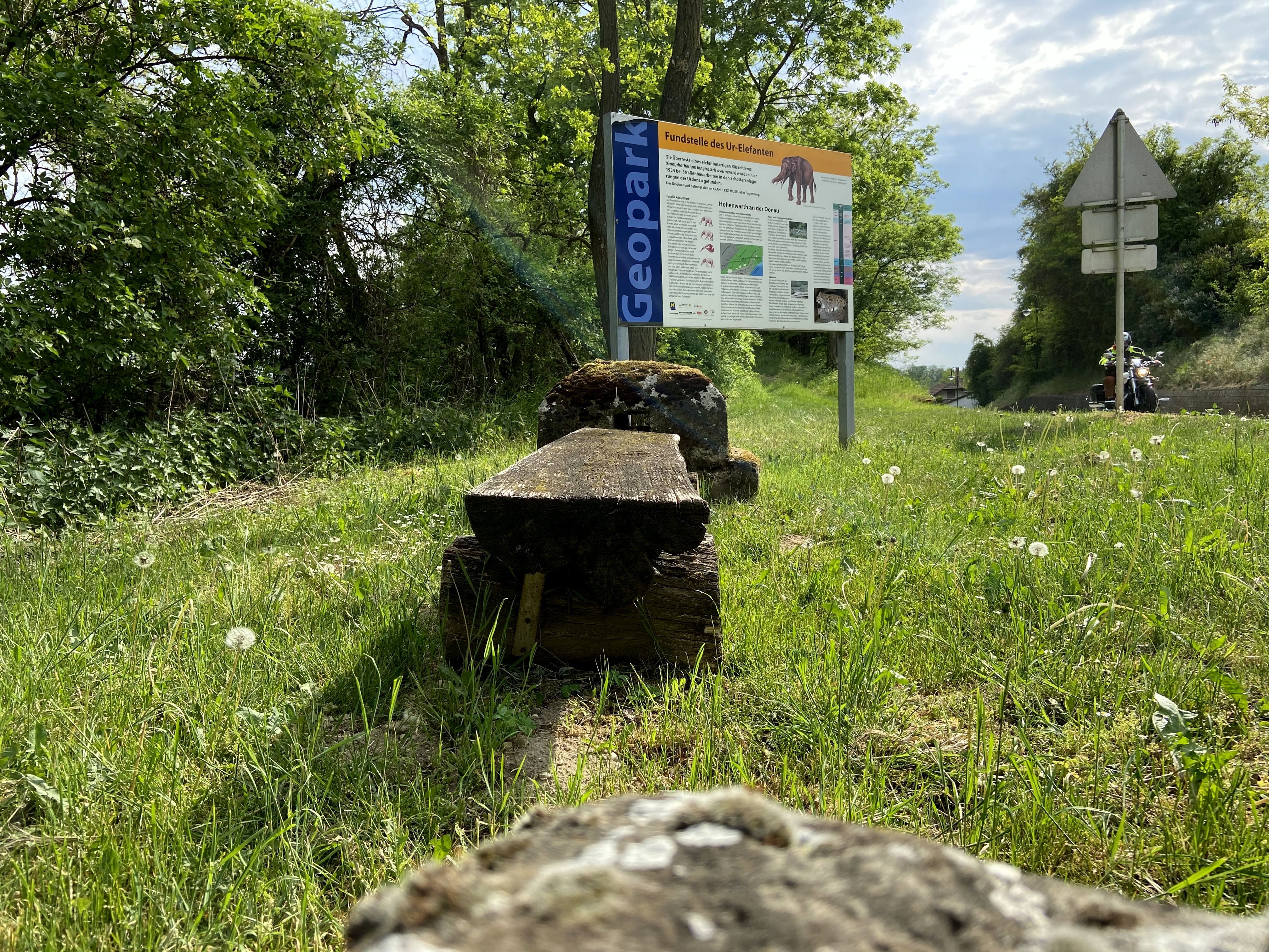 Sign for the mastodon site in Hohenwarth on a meadow surrounded by trees and a path.