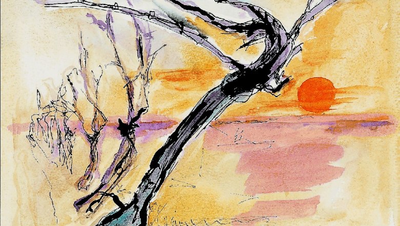 Painting of a vine in front of an orange sunset.