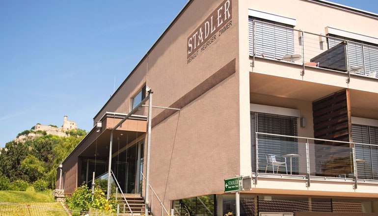 Modern building of the Stadler winery with terrace and castle in the background.