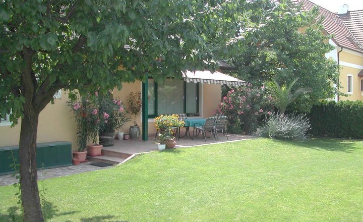 A well-kept garden with lawn, trees and a terrace in front of a yellow house.