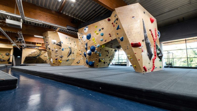 Interior view of a climbing hall with various climbing walls and colorful holds.