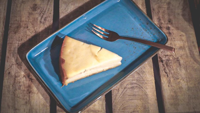 Piece of cake on a blue plate