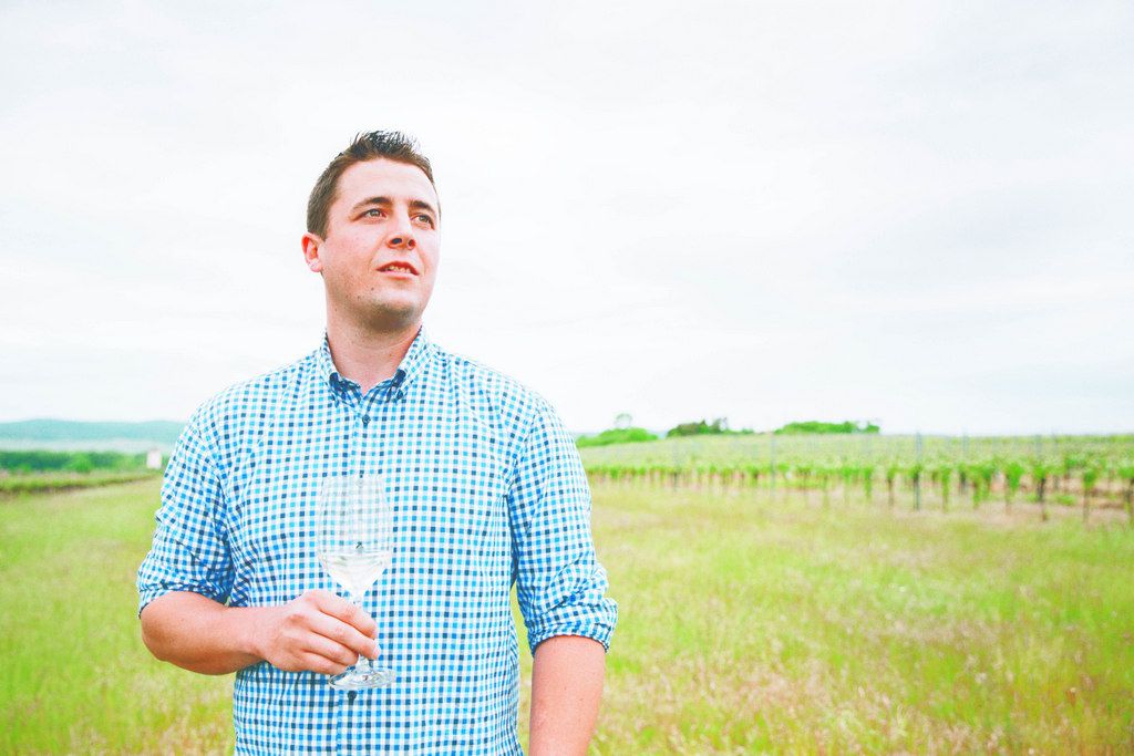 Man in plaid shirt holding wine glass in vineyard.