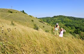 A person and a child are walking through tall grass on a hill with a cross in the background.