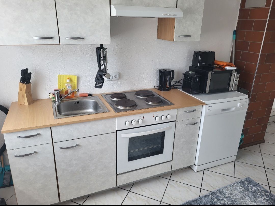 Kitchenette with stove, sink, microwave and dishwasher.