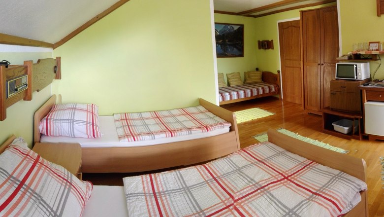 Comfortable room with two beds, TV, microwave and fridge.