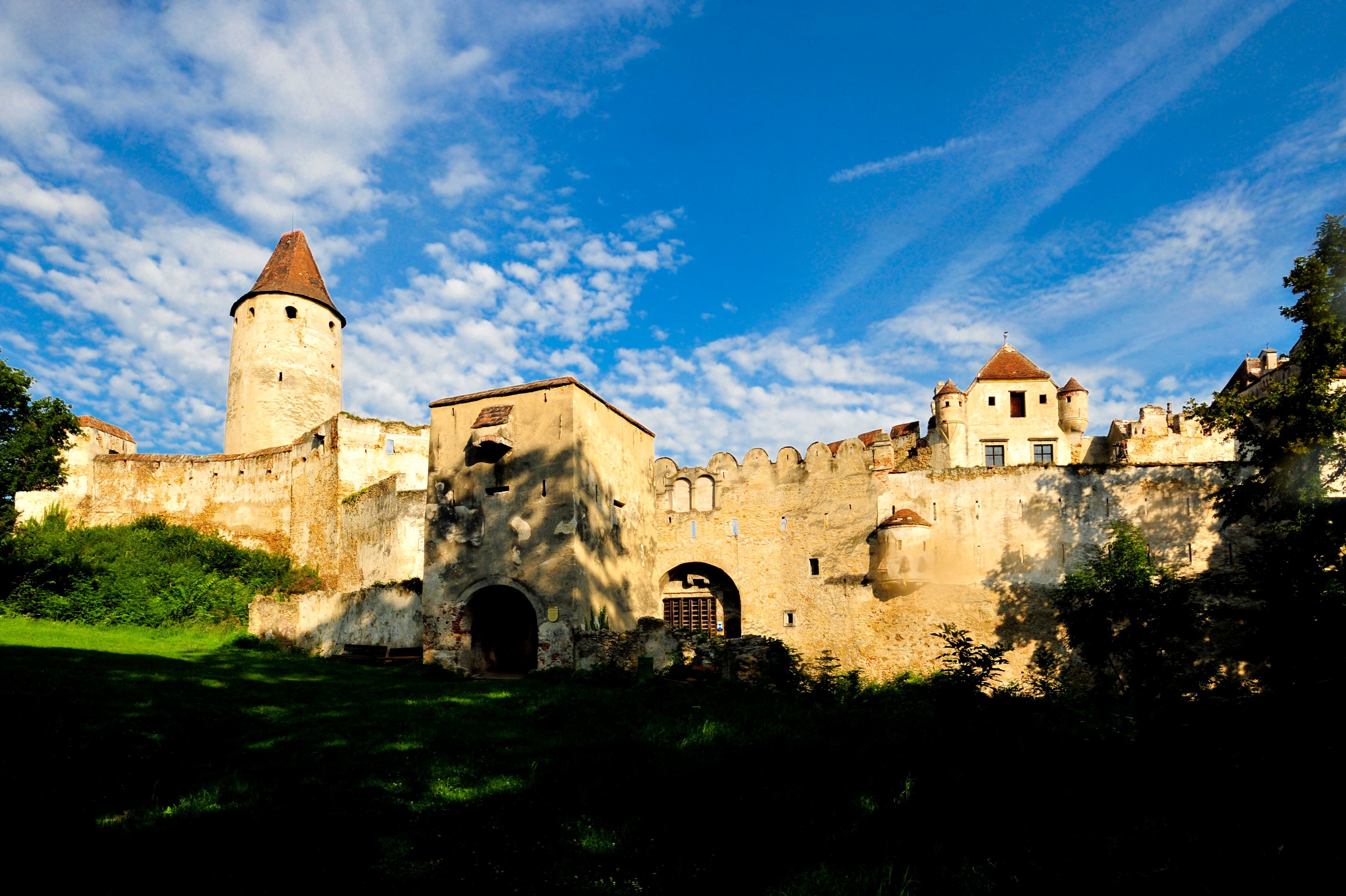 Seebenstein Castle with blue sky and clouds in the background.