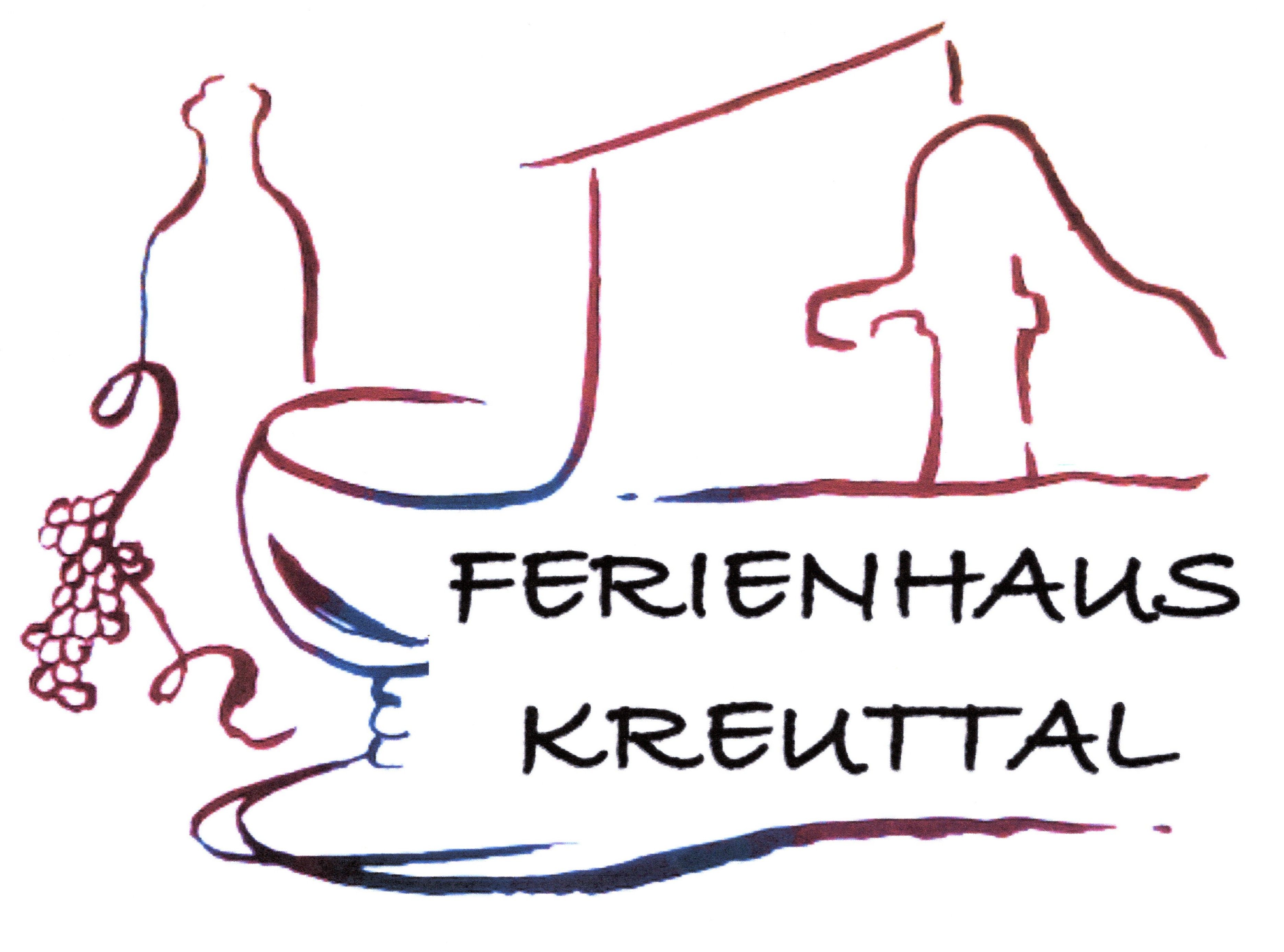 Logo of Ferienhaus Kreuttal with wine bottle, grapes and house outline.