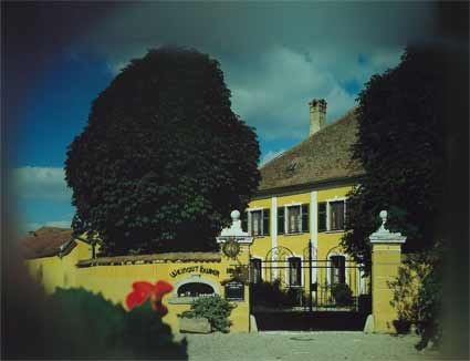 Yellow building with gate and trees in the foreground.