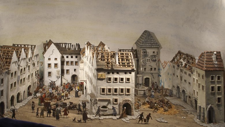 Miniature town with figures in a historical setting.