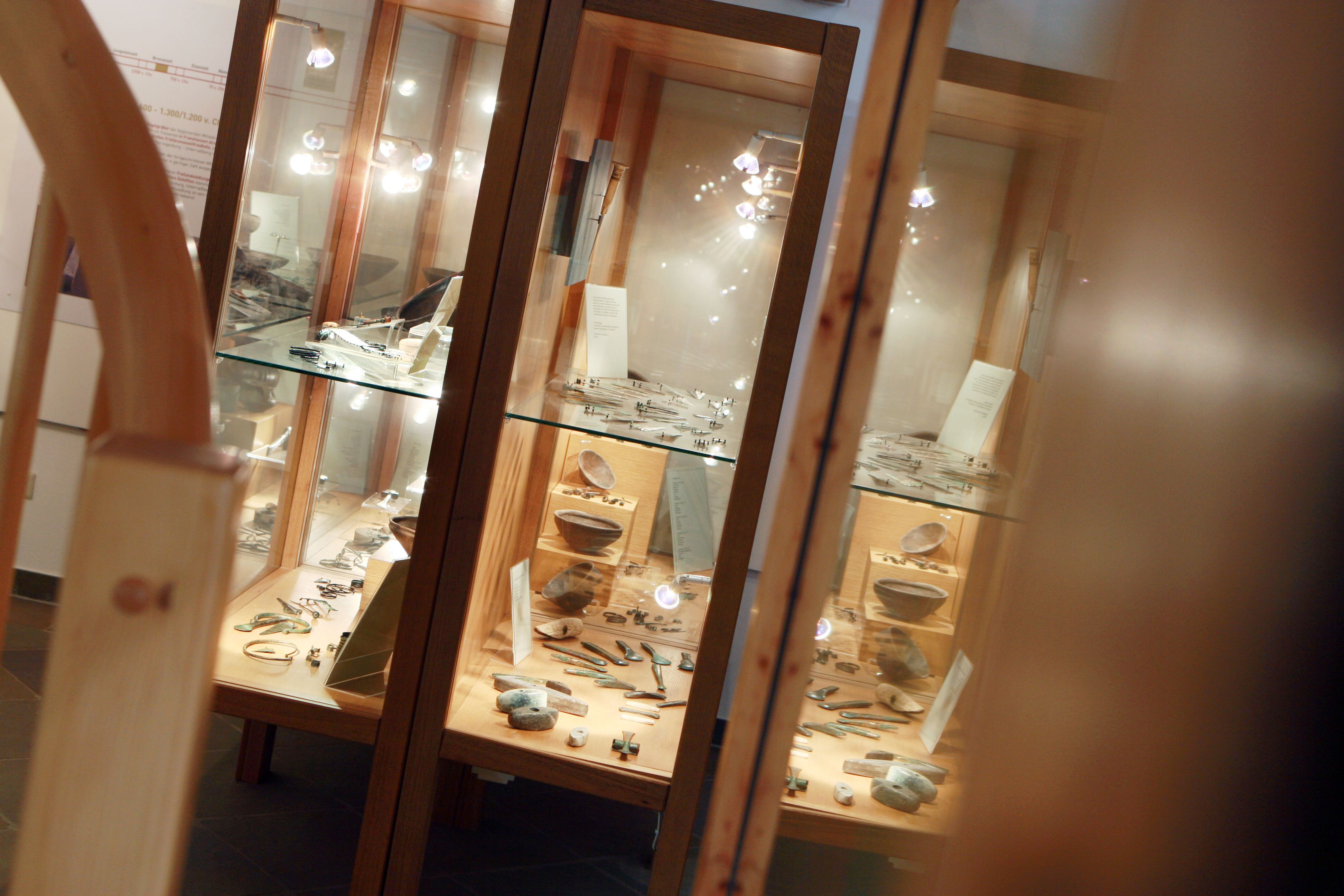 Display case in the prehistoric museum with prehistoric artifacts.