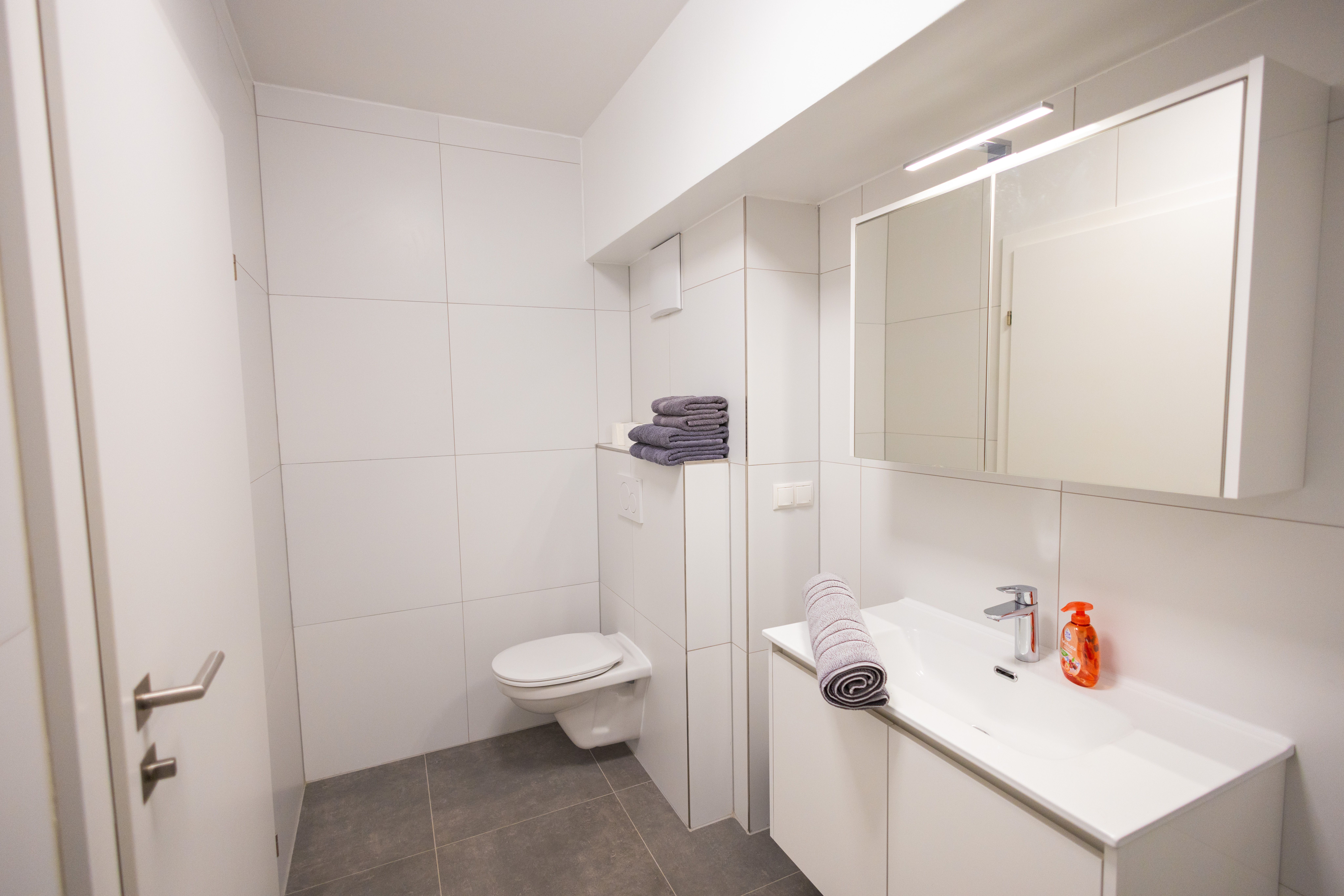 Modern bathroom with white furnishings, wall-hung toilet, washbasin with mirror and towels.