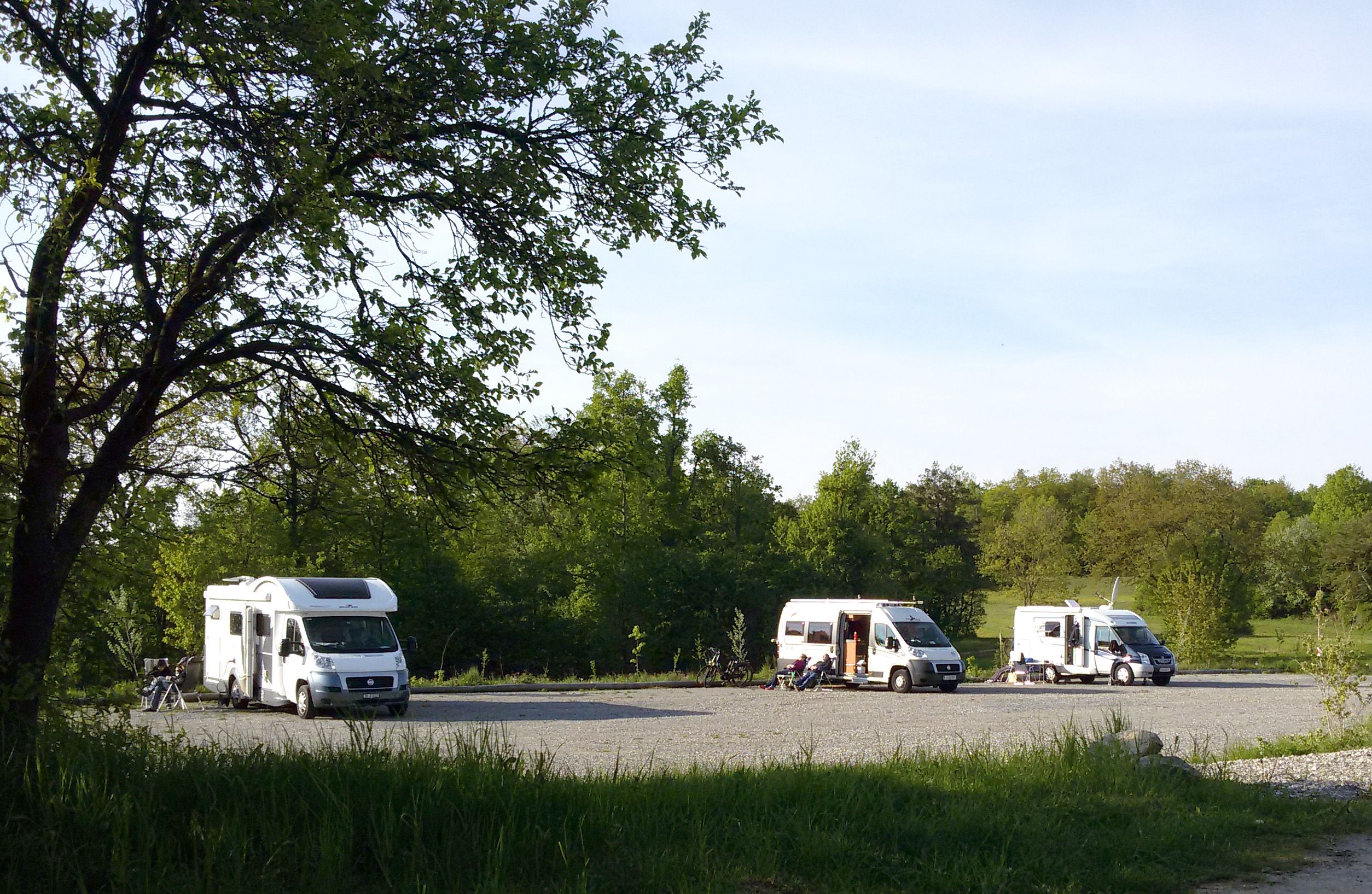 Motorhomes on a pitch in the countryside, surrounded by trees.