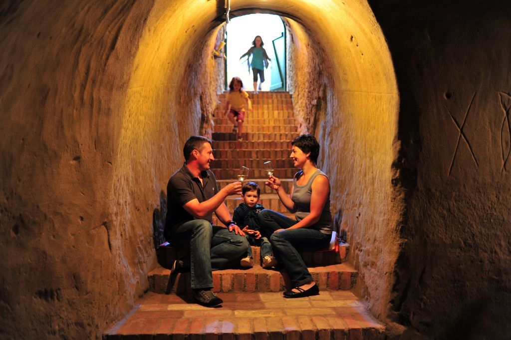 Family sits on stairs in a wine cellar and drinks wine.