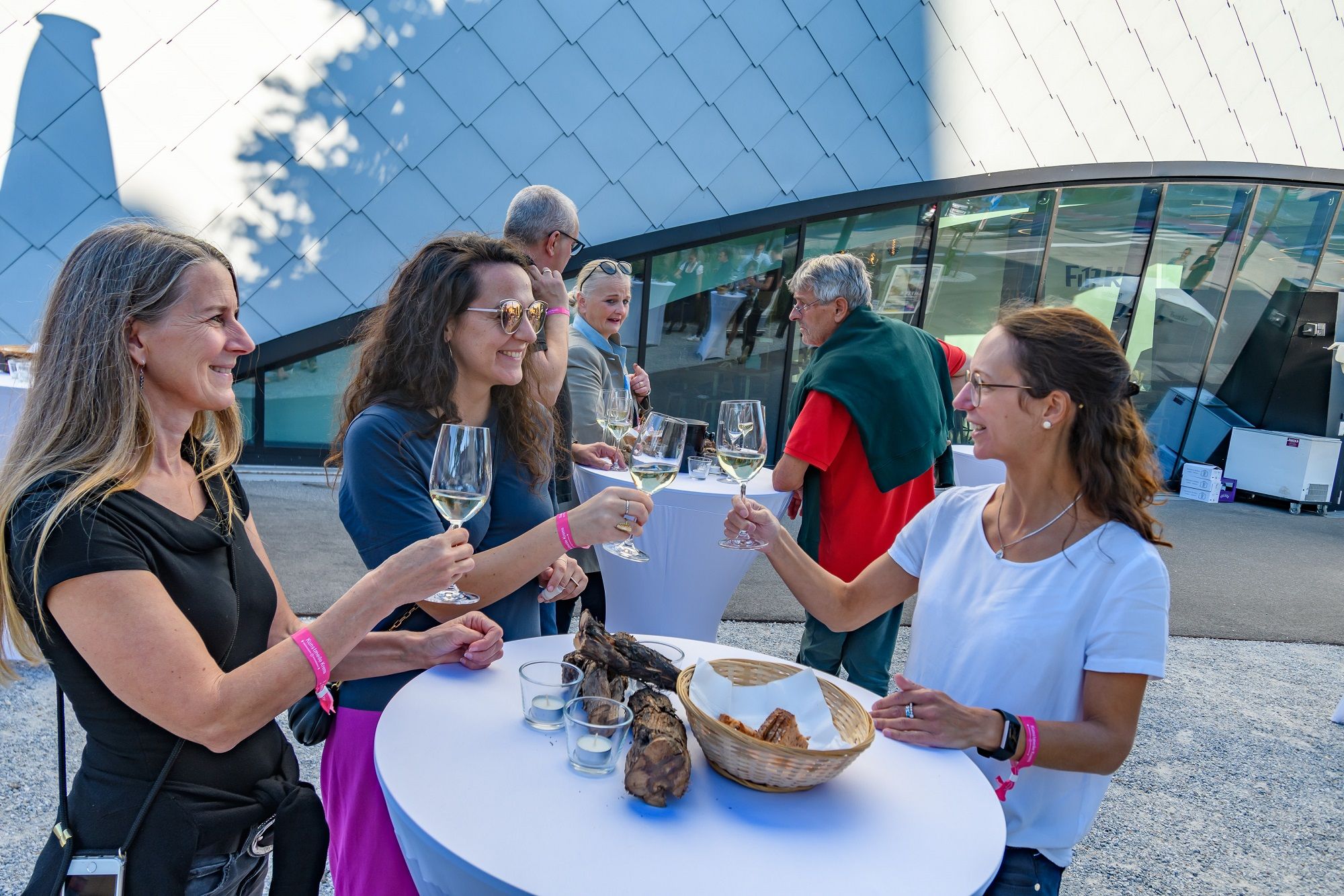 People at an outdoor wine tasting, smiling and clinking glasses.