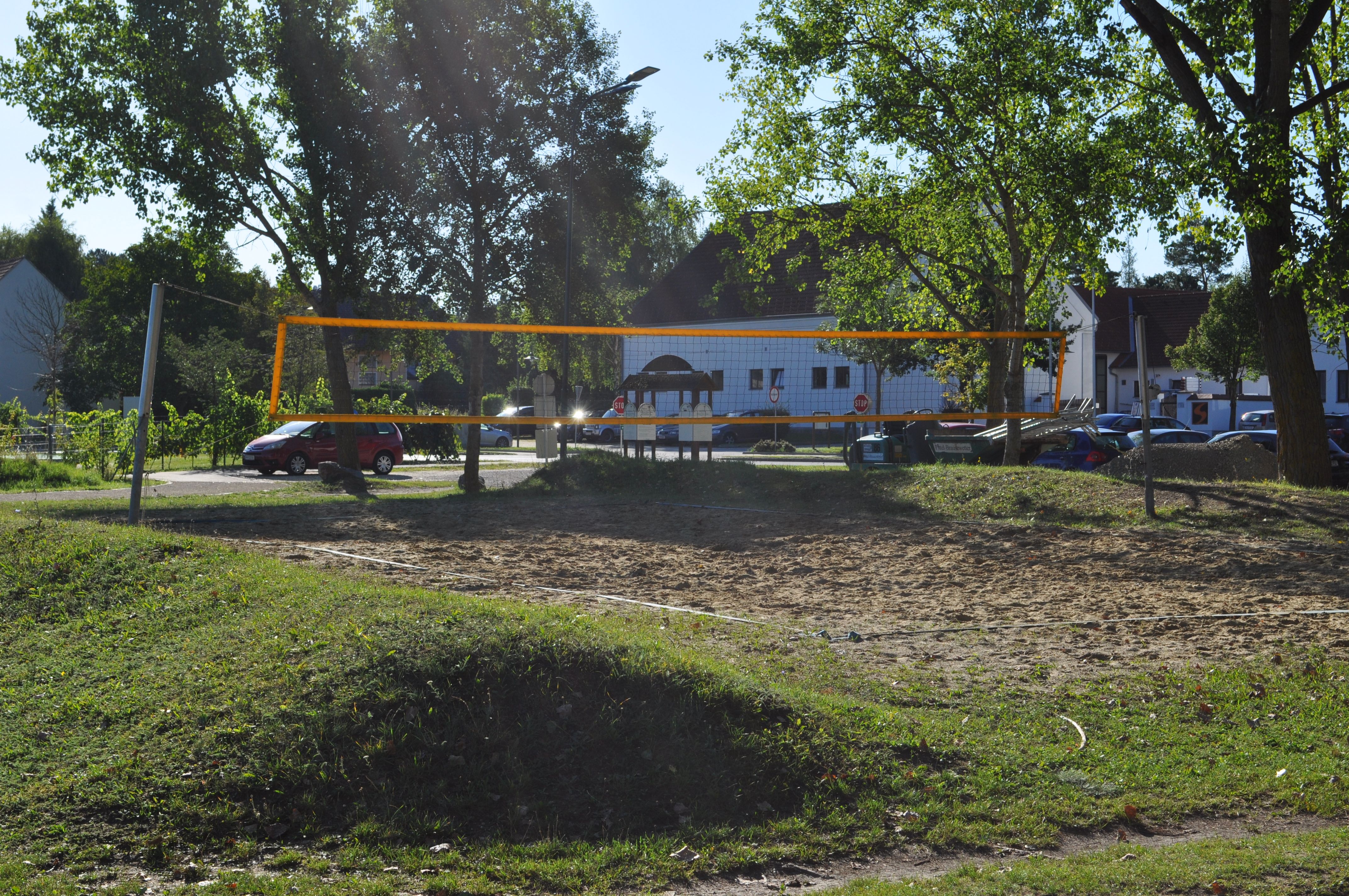 An empty volleyball court with a net, surrounded by trees and parked cars in the background.
