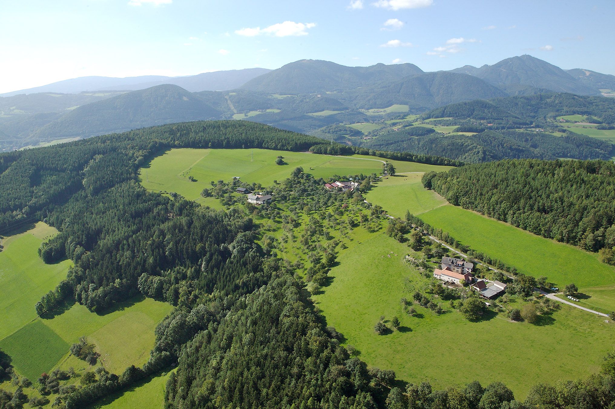 Aerial view of Prigglitz with green meadows and forests, surrounded by mountains.
