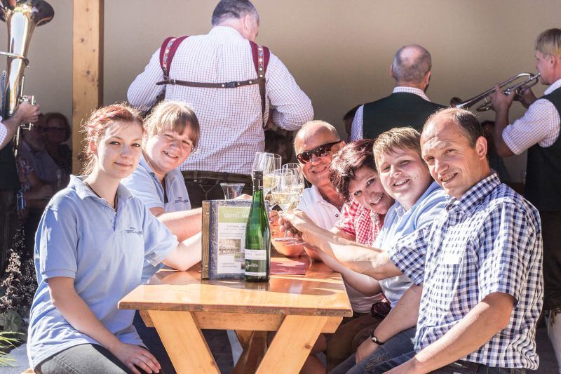 Group of people sitting at an outdoor table, toasting with drinks.