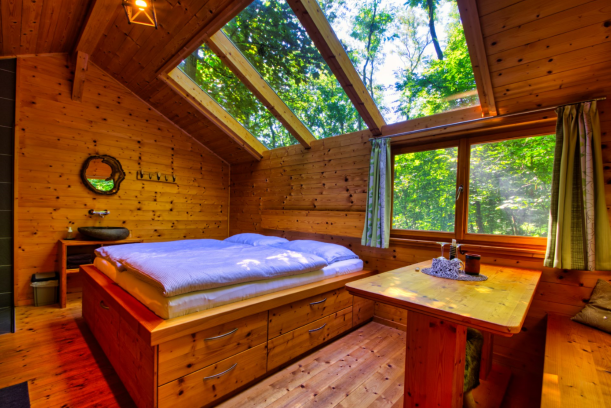 Interior view of a cozy wooden house with bed and table, surrounded by trees.