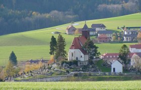 Erasmus Church in Krumbach with surrounding cemetery and green landscape.