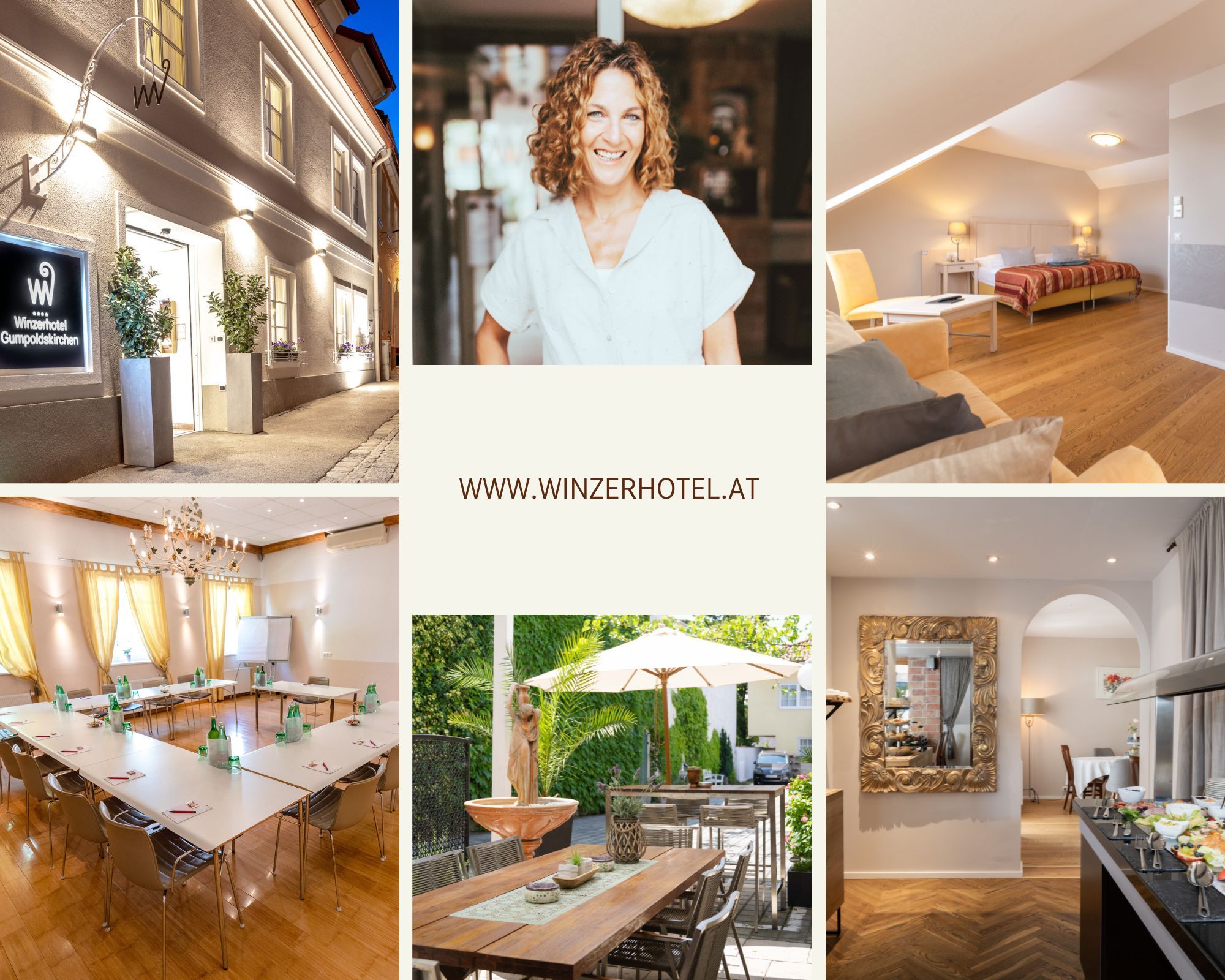 Collage of the Winzerhotel Gumpoldskirchen with exterior view, interior and garden.