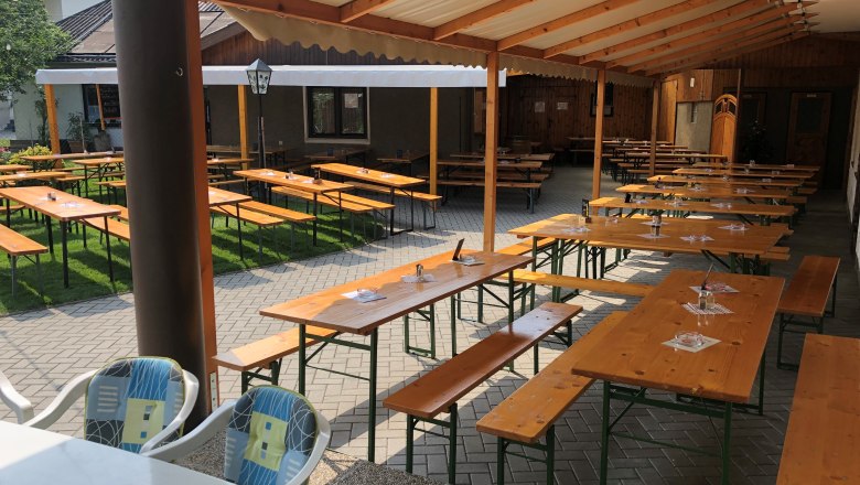 Ein leerer Heurigen-Garten mit Holzbänken und Tischen unter einem überdachten Bereich.
