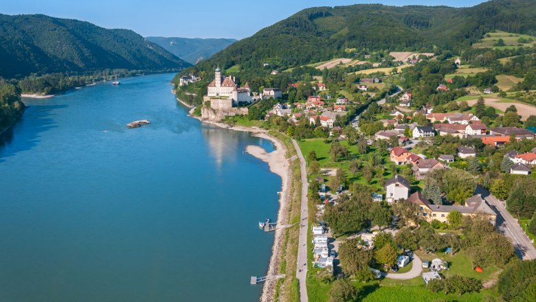 Aerial view of Sch&ouml;nb&uuml;hel on the Danube with castle and surrounding landscape.