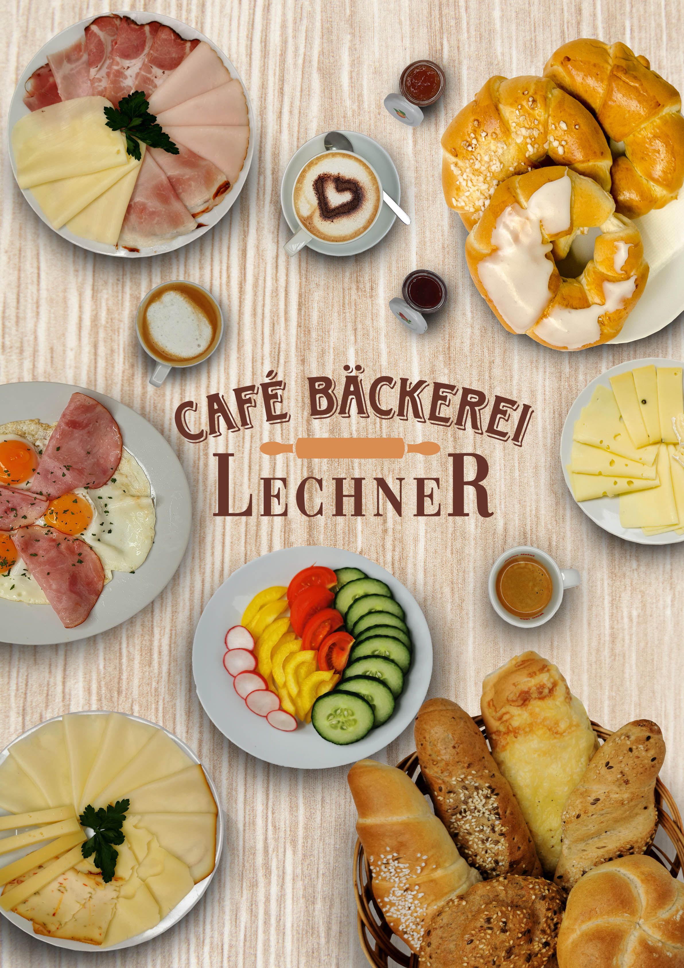 Various breakfast dishes and drinks on a wooden table in Café Bäckerei Lechner.