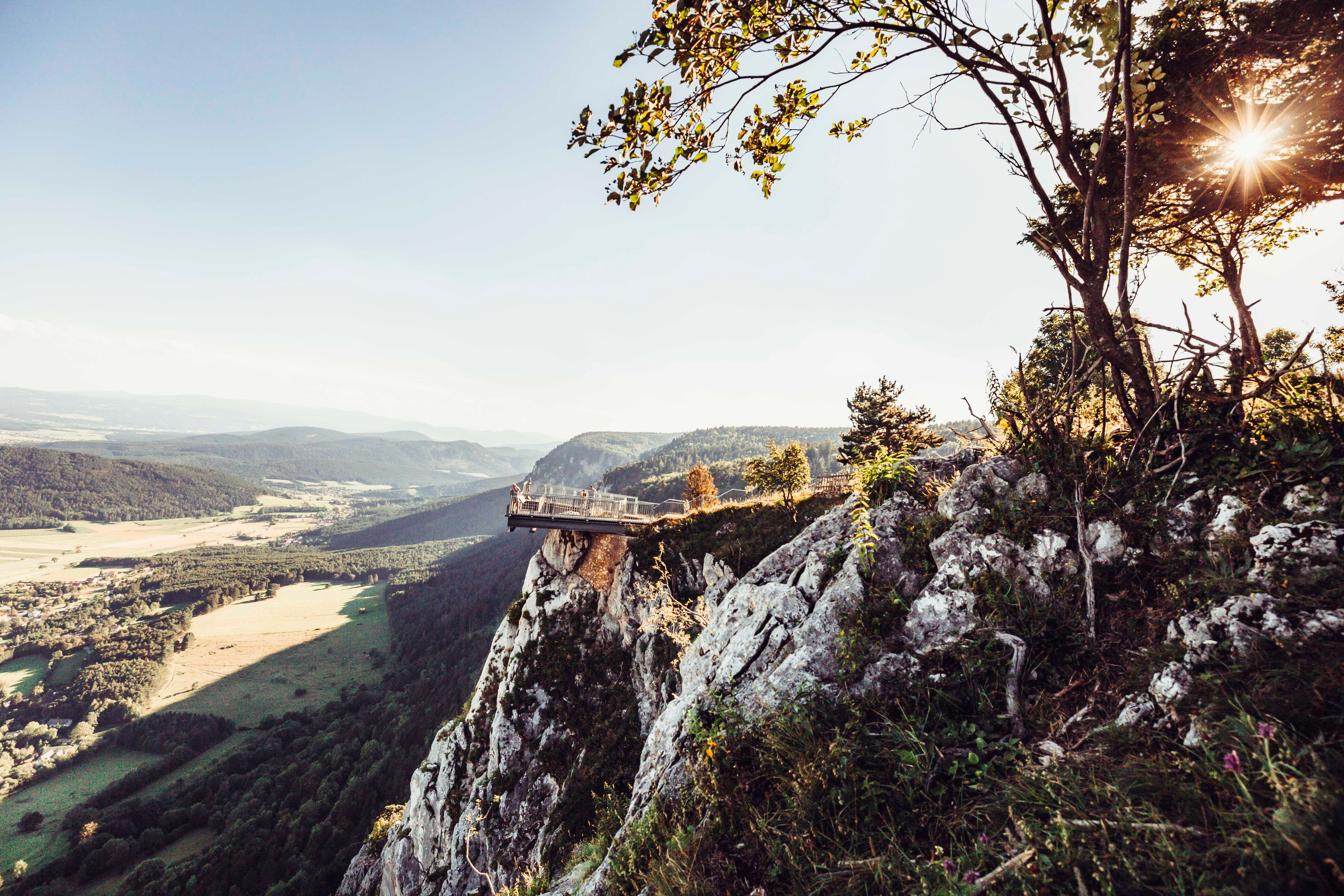 Viewing platform in the Hohe Wand Nature Park with a view of the surrounding landscape.