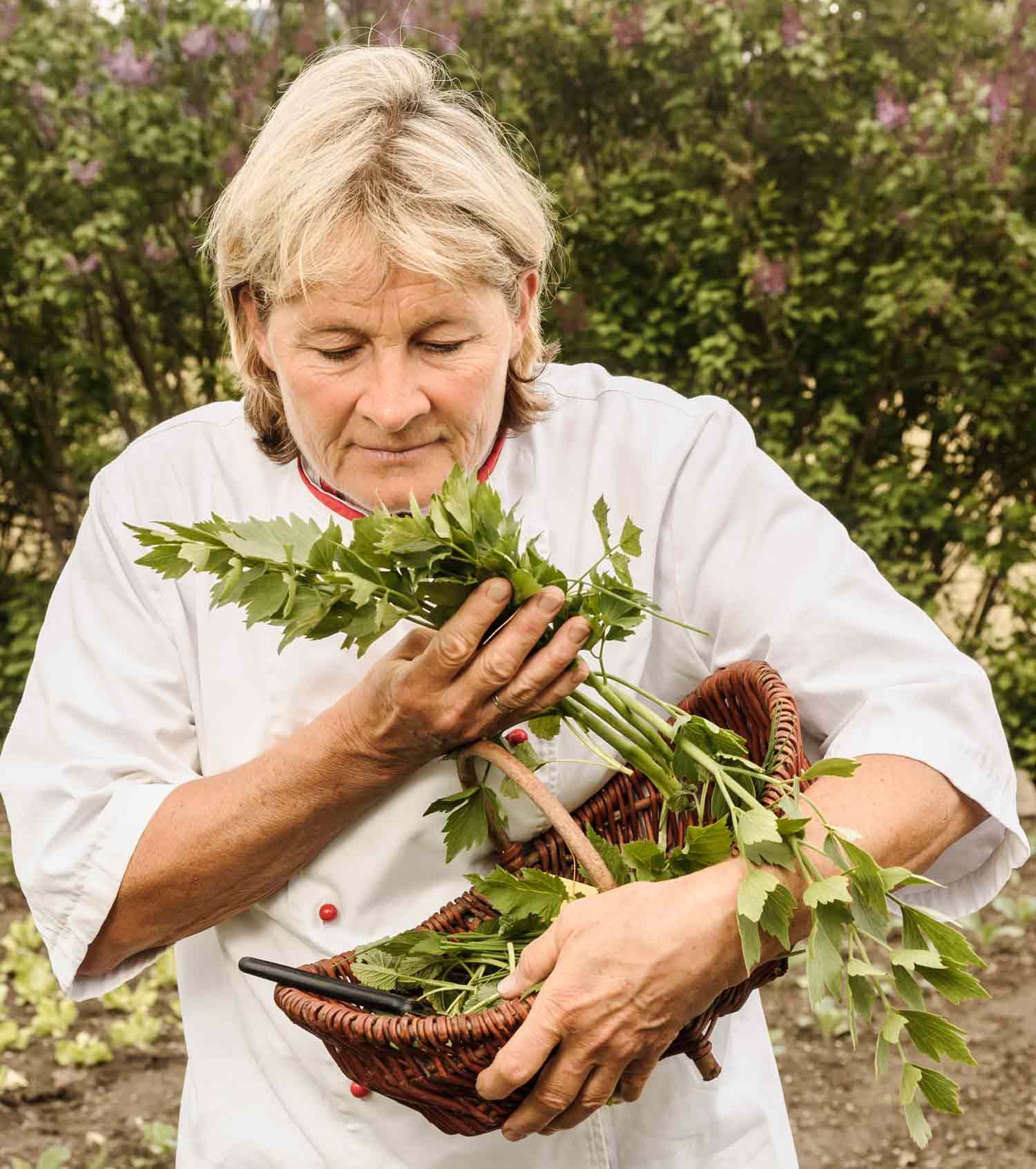 Person in the garden with fresh herbs in a basket.