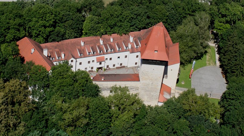 Aerial view of Ulmerfeld Castle, surrounded by trees.