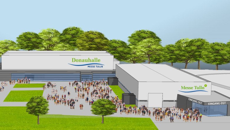 Illustration of the new Danube Hall at Messe Tulln with many people in front of it.