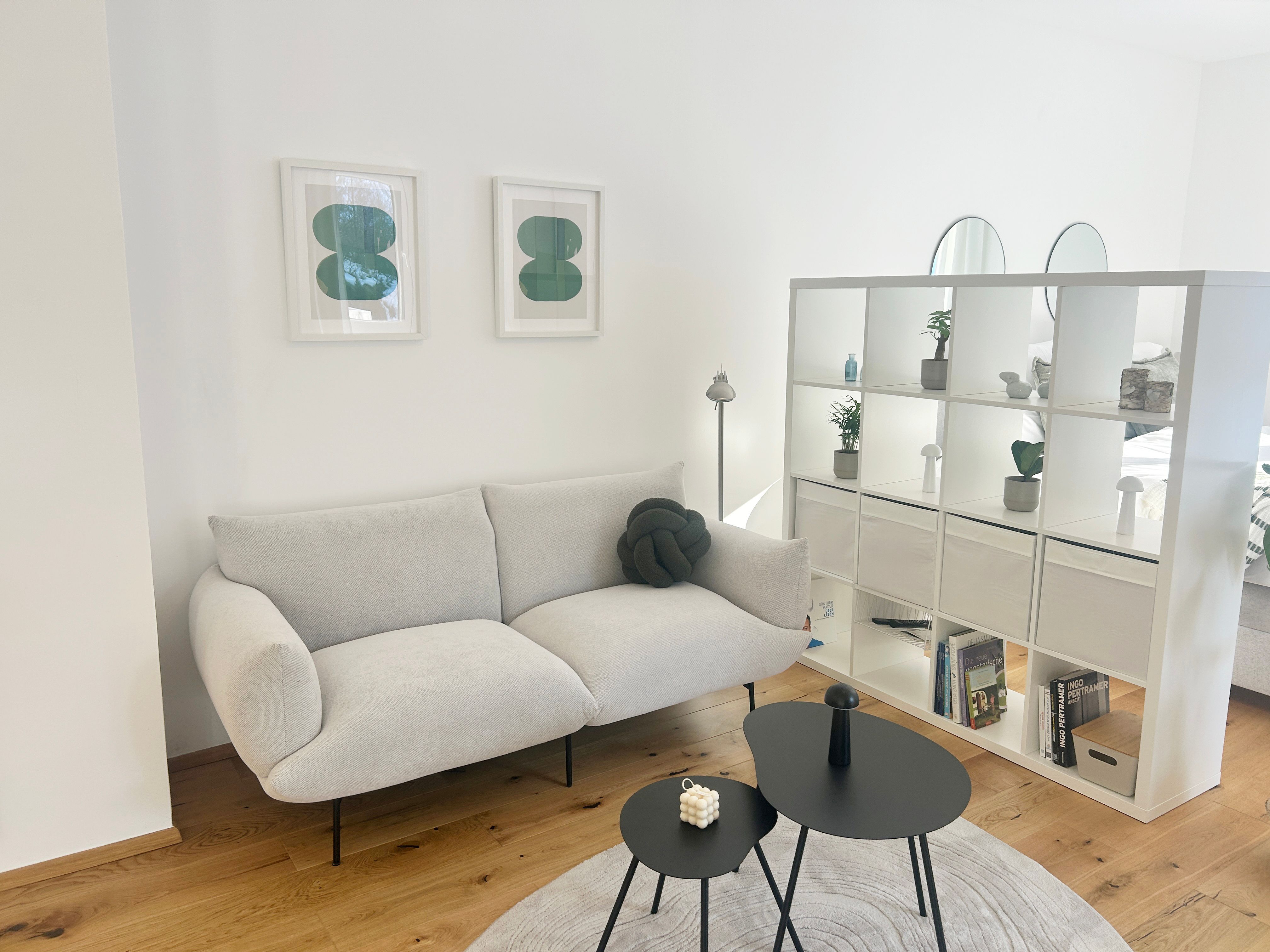Modern living room with gray sofa, white shelves and two black coffee tables.