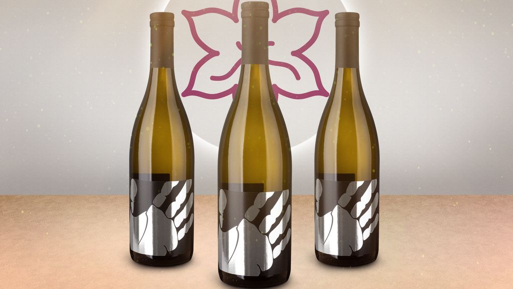 Three wine bottles with a modern label in front of a stylized flower.