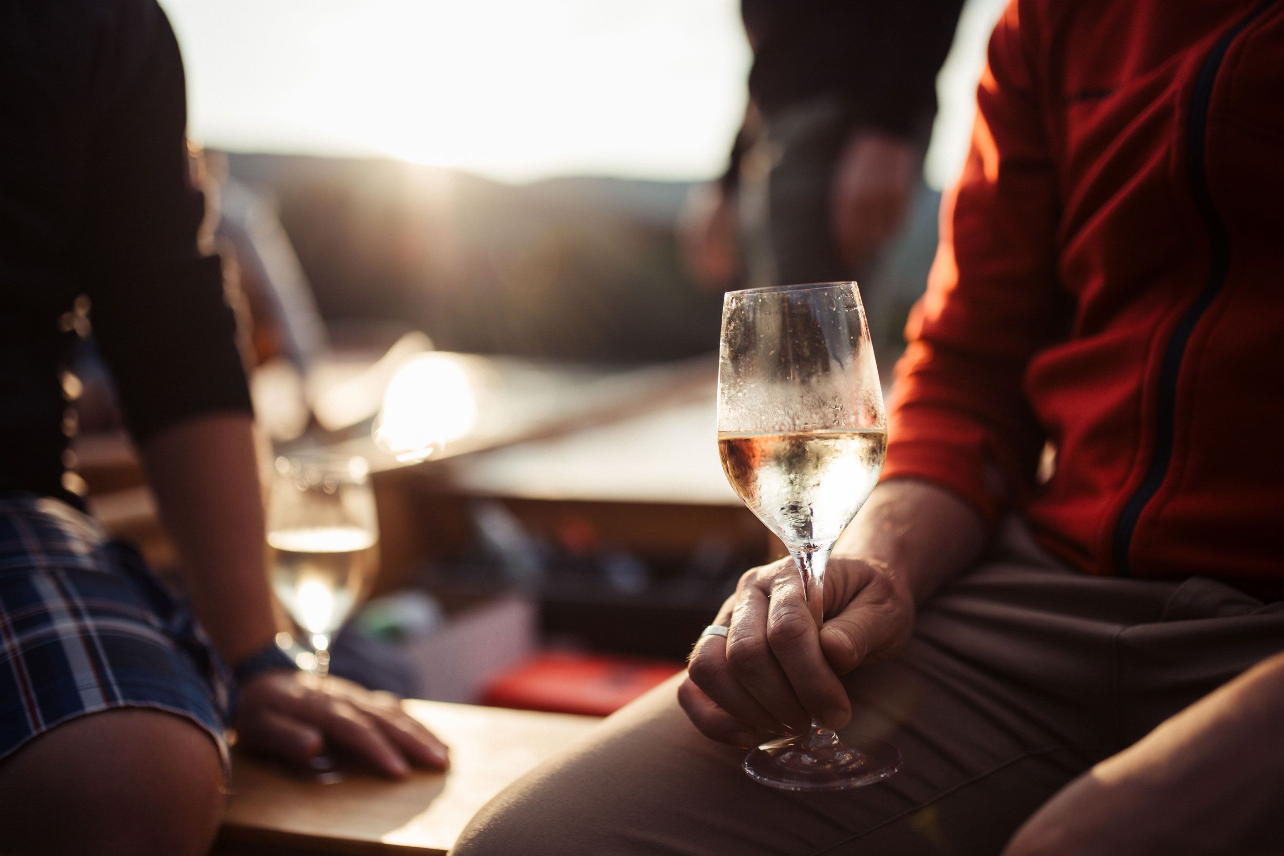 Person holding a wine glass, sunset in the background.