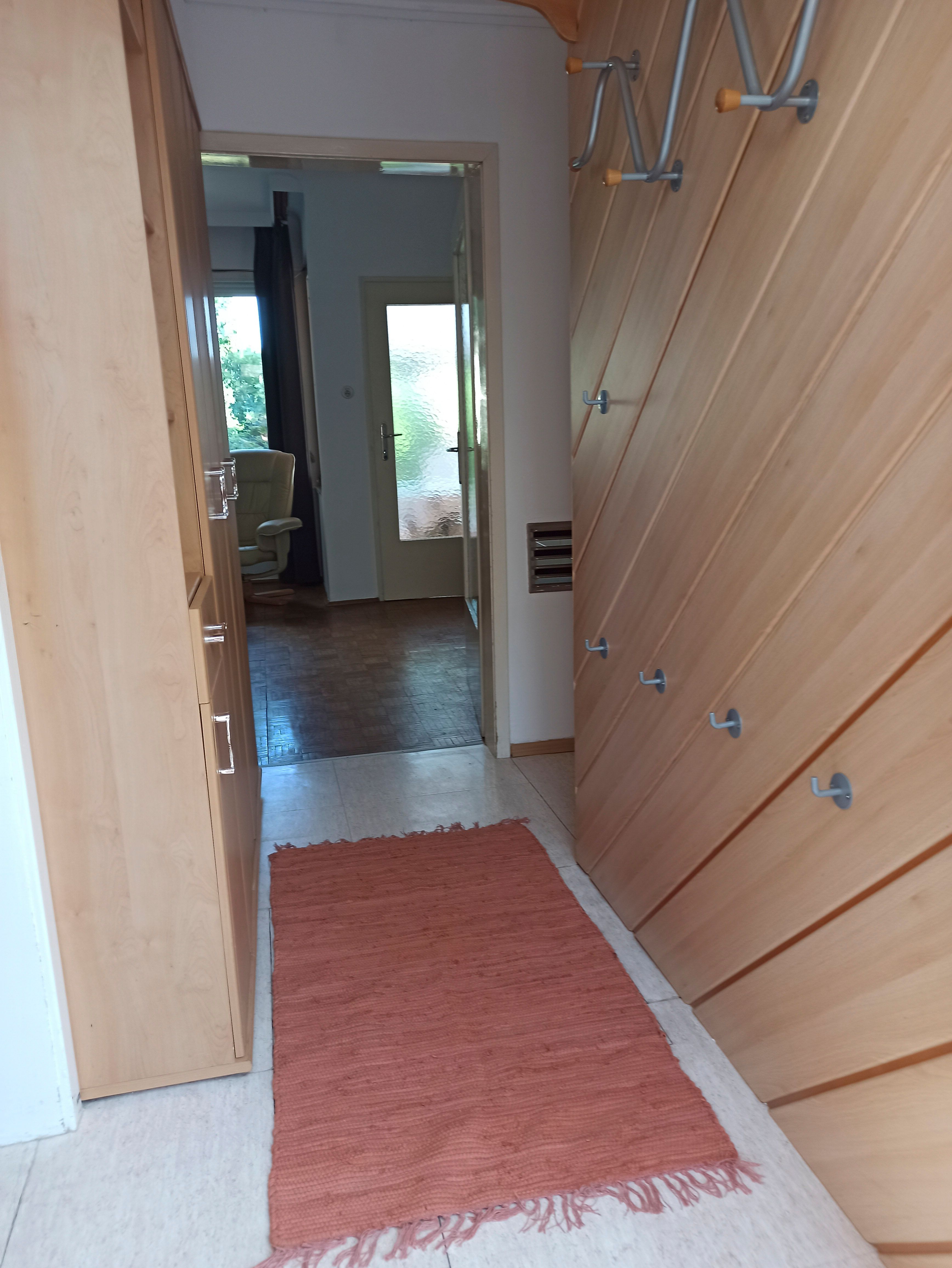 A hallway with wooden walls, hooks and a red carpet. A room with an armchair and a glass door is visible in the background.