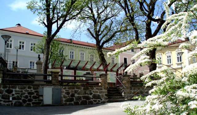 Historic buildings and blossoming trees in Langschlag.