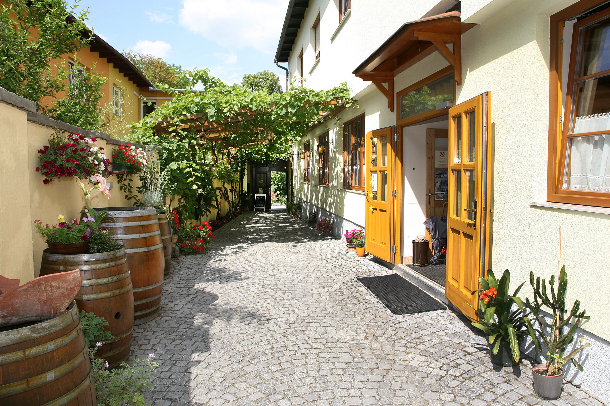 Entrance of a wine tavern with yellow doors, cobblestones and plants.