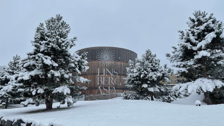 Snow-covered Therme Linsberg Asia with snow-covered trees in the foreground.